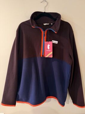 cotopaxi Brown Fleece Pullover with Blue Zipper and Orange Trim